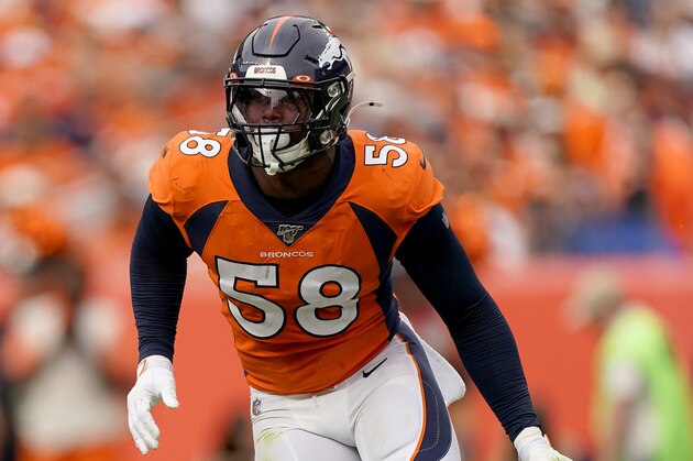Denver Broncos outside linebacker Von Miller (58) lines up against the Chicago Bears during the second half of an NFL football game, Sunday, Sept. 15, 2019, in Denver. (AP Photo/Jack Dempsey)
