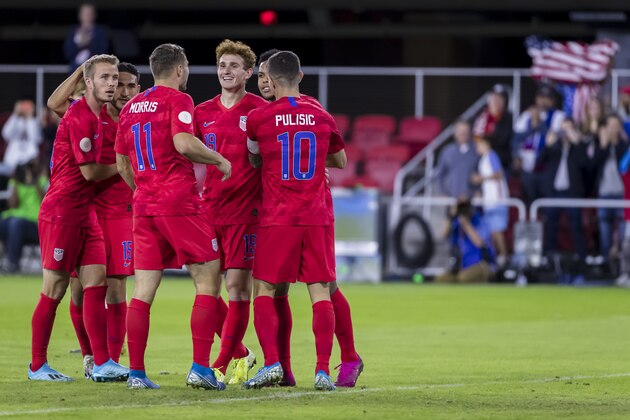 WASHINGTON, DC - OCTOBER 11: Weston Mckennie #8 of the United States celebrates with teammates after scoring a goal against Cuba during the first half at Audi Field on October 11, 2019 in Washington, DC. (Photo by Scott Taetsch/Getty Images)