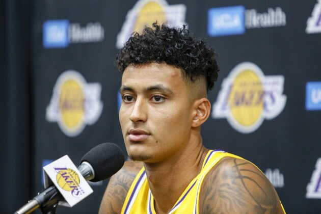Los Angeles Lakers forward Kyle Kuzma speaks during the NBA basketball team's media day in El Segundo, Calif., Friday, Sept. 27, 2019. (AP Photo/Ringo H.W. Chiu)