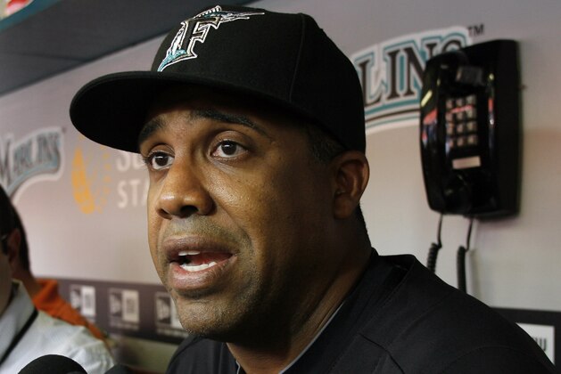 Florida Marlins new hitting coach Eduardo Perez, son of Tony Perez, meets with the media prior to their baseball game against the Atlanta Braves at Sun Life Stadium, Thursday, June 9, 2011, in Miami. The Marlins fired hitting coach John Mallee following their seventh consecutive loss Wednesday night. (AP Photo/Jeffrey M. Boan)
