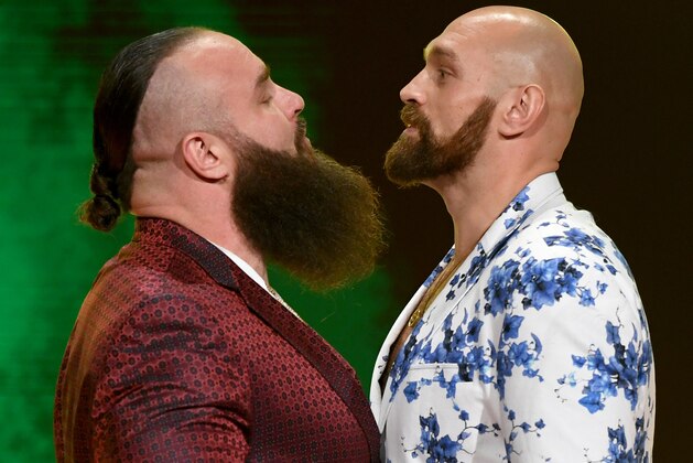 LAS VEGAS, NEVADA - OCTOBER 11:  WWE wrestler Braun Strowman (L) and heavyweight boxer Tyson Fury face off during the announcement of their match at a WWE news conference at T-Mobile Arena on October 11, 2019 in Las Vegas, Nevada. Strowman will face Fury and WWE champion Brock Lesnar will take on former UFC heavyweight champion Cain Velasquez at the WWE's Crown Jewel event at Fahd International Stadium in Riyadh, Saudi Arabia on October 31.  (Photo by Ethan Miller/Getty Images)