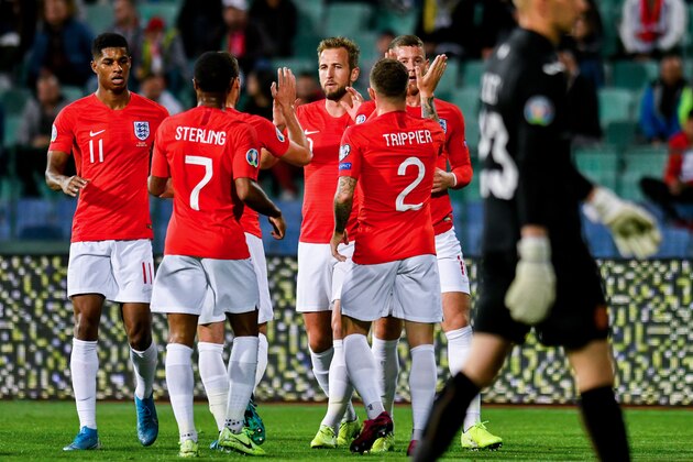 England's midfielder Ross Barkley (R) is congratulated by teammates after scoring his team's second goal during the Euro 2020 Group A football qualification match between Bulgaria and England at the Vassil Levski Stadium in Sofia on October 14, 2019. (Photo by NIKOLAY DOYCHINOV / AFP) (Photo by NIKOLAY DOYCHINOV/AFP via Getty Images)