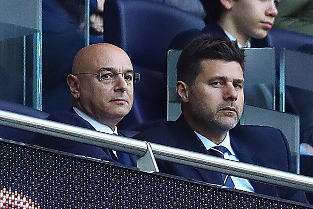LONDON, ENGLAND - MARCH 24: Tottenham Hotspur manager Mauricio Pochettino (R) looks on next to owner Daniel Levy during the U18 Premier League match between Tottenham Hotspur and Southampton at Tottenham Hotspur Stadium on March 24, 2019 in London, England. (Photo by Chris Brunskill/Fantasista/Getty Images)