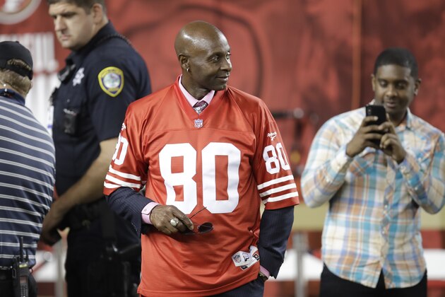 Jerry Rice during an NFL football game between the San Francisco 49ers and the Cleveland Browns in Santa Clara, Calif., Monday, Oct. 7, 2019. (AP Photo/Ben Margot)