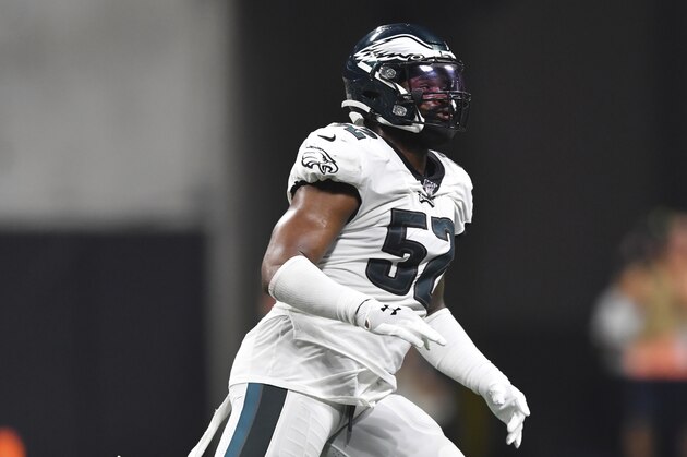 Philadelphia Eagles inside linebacker Zach Brown (52) works against the Atlanta Falcons during the second half of an NFL football game, Sunday, Sept. 15, 2019, in Atlanta. (AP Photo/John Amis)