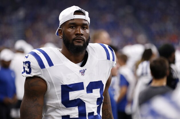 INDIANAPOLIS, INDIANA - AUGUST 17: Darius Leonard #53 of the Indianapolis Colts on the sidelines during the preseason game against the Cleveland Browns at Lucas Oil Stadium on August 17, 2019 in Indianapolis, Indiana. (Photo by Justin Casterline/Getty Images)