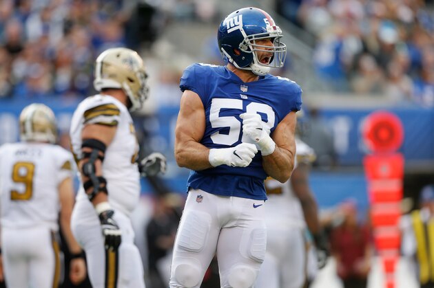 EAST RUTHERFORD, NJ - SEPTEMBER 30:  (NEW YORK DAILIES OUT)   Connor Barwin #53 of the New York Giants in action against the New Orleans Saints on September 30, 2018 at MetLife Stadium in East Rutherford, New Jersey. The Saints defeated the Giants 33-18.  (Photo by Jim McIsaac/Getty Images)