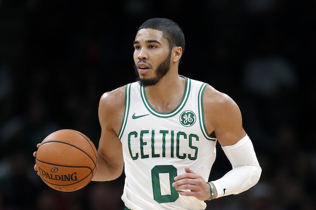 Boston Celtics' Jayson Tatum plays against the Charlotte Hornets during the first half of a preseason NBA basketball game in Boston, Sunday, Oct. 6, 2019. (AP Photo/Michael Dwyer)