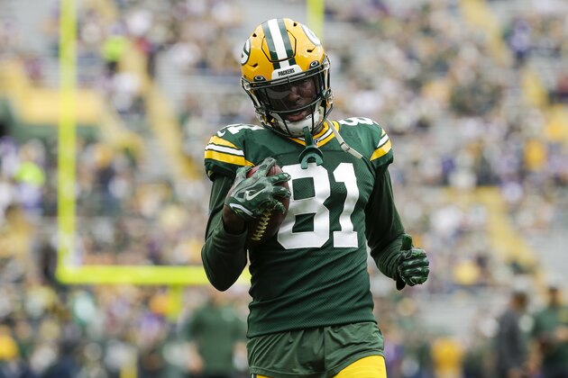 Green Bay Packers' Geronimo Allison runs before an NFL football game against the Minnesota Vikings Sunday, Sept. 15, 2019, in Green Bay, Wis. (AP Photo/Mike Roemer)