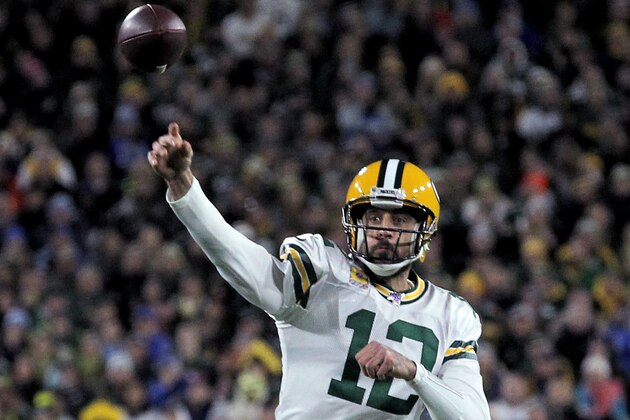 GREEN BAY, WISCONSIN - OCTOBER 14:  Aaron Rodgers #12 of the Green Bay Packers throws a pass in the second quarter against the Detroit Lions at Lambeau Field on October 14, 2019 in Green Bay, Wisconsin. (Photo by Dylan Buell/Getty Images)