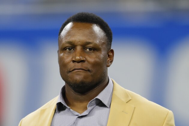 Former Detroit Lions running back Barry Sanders, a member of the NFL Hall of Fame, appears during an NFL football game in Detroit, Sunday, Sept. 29, 2019. The Lions named 39 players to its all-time team. (AP Photo/Paul Sancya)