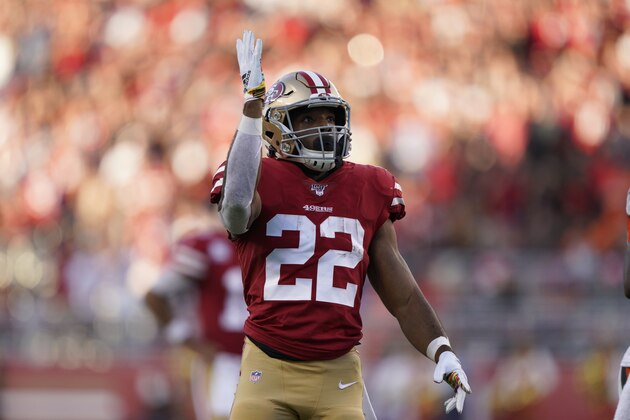 San Francisco 49ers running back Matt Breida (22) against the Cleveland Browns during an NFL football game in Santa Clara, Calif., Monday, Oct. 7, 2019. (AP Photo/Tony Avelar)