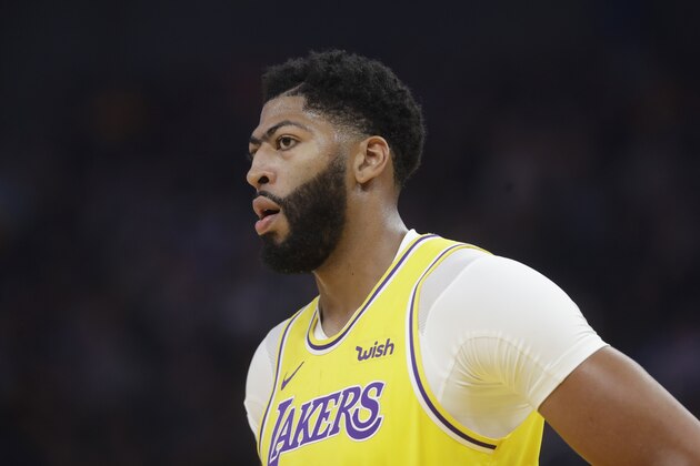 Los Angeles Lakers forward Anthony Davis against the Golden State Warriors during a preseason NBA basketball game in San Francisco, Saturday, Oct. 5, 2019. (AP Photo/Jeff Chiu)