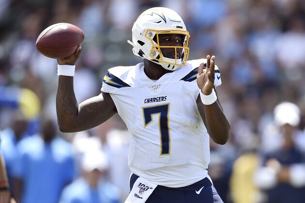 Los Angeles Chargers quarterback Cardale Jones (7) during the first half of a preseason NFL football game against the New Orleans Saints Sunday, Aug. 18, 2019, in Carson, Calif. (AP Photo/Kelvin Kuo )