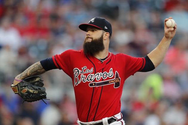 Atlanta Braves starting pitcher Dallas Keuchel works against the Washington Nationals during the first inning of a baseball game Friday, Sept. 6, 2019, in Atlanta. (AP Photo/John Bazemore)