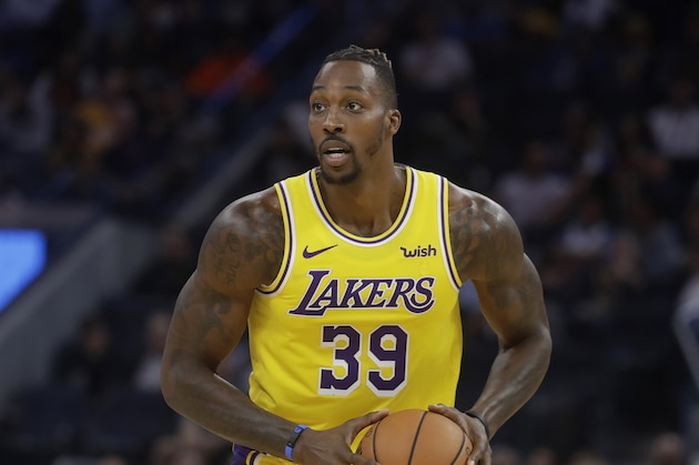 Los Angeles Lakers center Dwight Howard (39) against the Golden State Warriors during a preseason NBA basketball game in San Francisco, Saturday, Oct. 5, 2019. (AP Photo/Jeff Chiu)