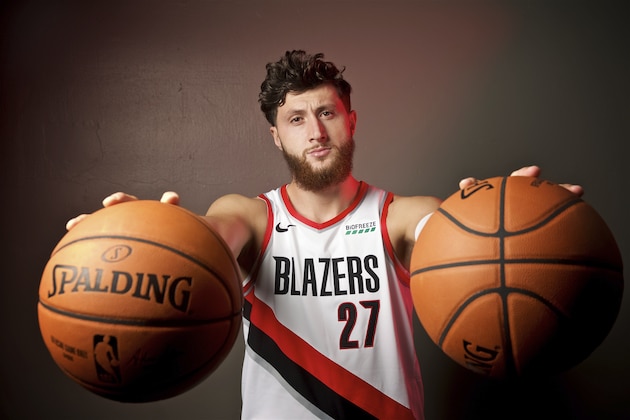 Portland Trail Blazers center Jusuf Nurkic poses during the NBA basketball team's media day at the Moda Center in Portland, Ore., Monday, Sept. 30, 2019. (AP Photo/Sam Ortega)