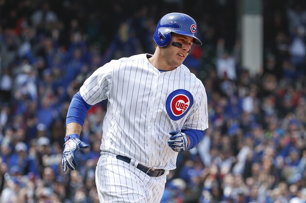 Chicago Cubs' Anthony Rizzo rounds the bases after hitting three-run home run off of St. Louis Cardinals starting pitcher Jack Flaherty during the third inning of a baseball game, Friday, May 3, 2019, in Chicago. (AP Photo/Kamil Krzaczynski)
