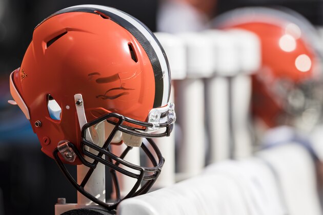 BALTIMORE, MD - SEPTEMBER 29: The helmet of a Cleveland Browns player rests behind the bench during the first half of the game between the Baltimore Ravens and the Cleveland Browns at M&T Bank Stadium on September 29, 2019 in Baltimore, Maryland. (Photo by Scott Taetsch/Getty Images)