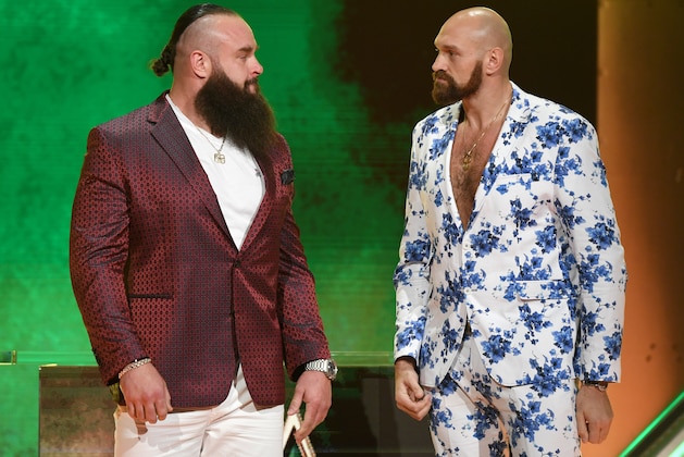 LAS VEGAS, NEVADA - OCTOBER 11:  WWE wrestler Braun Strowman (L) and heavyweight boxer Tyson Fury attend the announcement of their match at a WWE news conference at T-Mobile Arena on October 11, 2019 in Las Vegas, Nevada. Strowman will face Fury and WWE champion Brock Lesnar will take on former UFC heavyweight champion Cain Velasquez at the WWE's Crown Jewel event at Fahd International Stadium in Riyadh, Saudi Arabia on October 31.  (Photo by Ethan Miller/Getty Images)