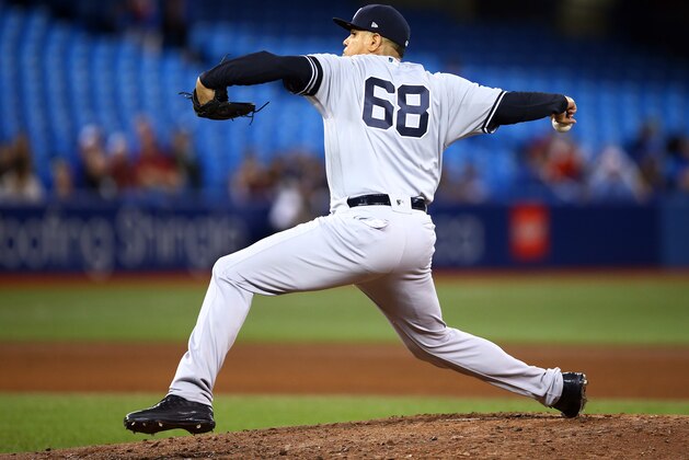 TORONTO, ON - SEPTEMBER 15:  Dellin Betances #68 of the New York Yankees delivers a pitch in the fourth inning during a MLB game against the Toronto Blue Jays at Rogers Centre on September 15, 2019 in Toronto, Canada.  (Photo by Vaughn Ridley/Getty Images)