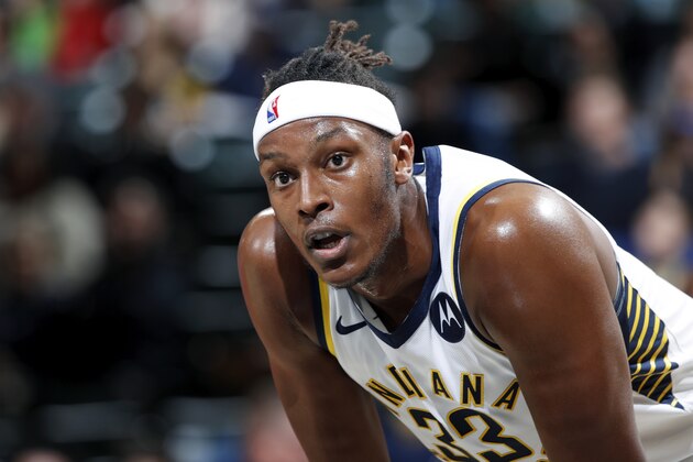 INDIANAPOLIS, IN - OCTOBER 11: Myles Turner #33 of the Indiana Pacers looks on against the Chicago Bulls during a preseason game at Bankers Life Fieldhouse on October 11, 2019 in Indianapolis, Indiana. The Pacers defeated the Bulls 105-87. NOTE TO USER: User expressly acknowledges and agrees that, by downloading and or using this Photograph, user is consenting to the terms and conditions of the Getty Images License Agreement. (Photo by Joe Robbins/Getty Images)