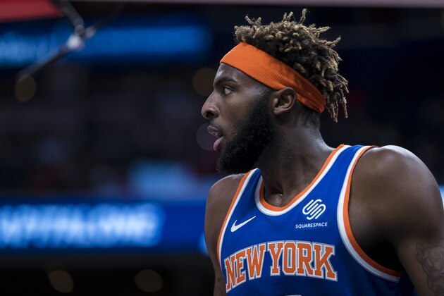 WASHINGTON, DC - OCTOBER 07: Mitchell Robinson #23 of the New York Knicks looks on against the Washington Wizards during the first half at Capital One Arena on October 7, 2019 in Washington, DC. NOTE TO USER: User expressly acknowledges and agrees that, by downloading and or using this photograph, User is consenting to the terms and conditions of the Getty Images License Agreement. (Photo by Scott Taetsch/Getty Images)
