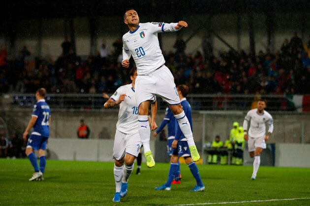 Italy's midfielder Federico Bernardeschi (C) celebrates after scoring during the Euro 2020 Group J qualification football match between Liechtenstein and Italy at the Rheinpark Stadium in Vaduz, on October 15, 2019. (Photo by STEFAN WERMUTH / AFP) (Photo by STEFAN WERMUTH/AFP via Getty Images)