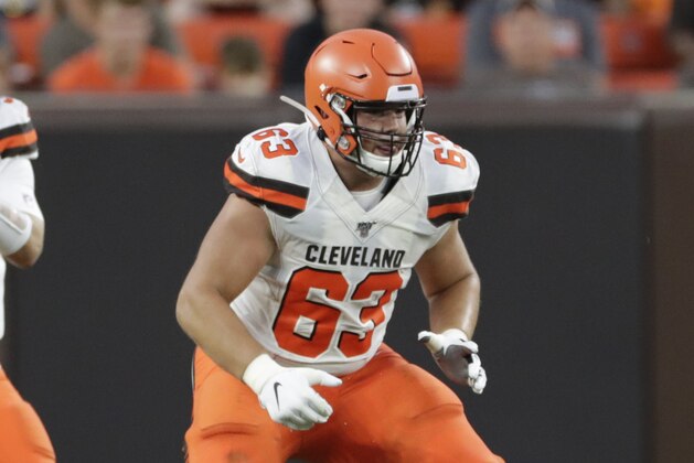 Cleveland Browns offensive guard Austin Corbett (63) plays against the Washington Redskins during the first half of an NFL preseason football game, Thursday, Aug. 8, 2019, in Cleveland. (AP Photo/Ron Schwane)