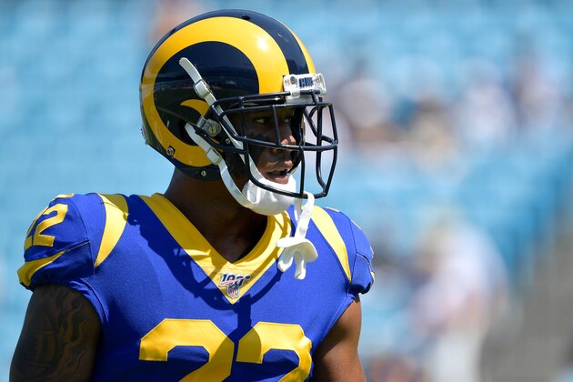 CHARLOTTE, NORTH CAROLINA - SEPTEMBER 08: Marcus Peters #22 of the Los Angeles Rams looks on during their game against the Carolina Panthers at Bank of America Stadium on September 08, 2019 in Charlotte, North Carolina. The Rams won 30-23. (Photo by Grant Halverson/Getty Images)