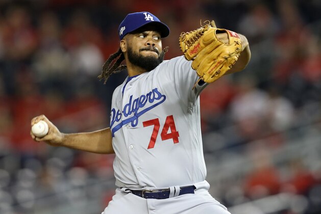 WASHINGTON, DC - OCTOBER 06: Reliever Kenley Jansen #74 of the Los Angeles Dodgers pitches in the ninth inning of Game 3 of the NLDS against the Washington Nationals at Nationals Park on October 06, 2019 in Washington, DC. (Photo by Rob Carr/Getty Images)