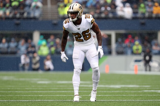 SEATTLE, WASHINGTON - SEPTEMBER 22: P.J. Williams #26 of the New Orleans Saints lines up for play in the second quarter against the Seattle Seahawks during their game at CenturyLink Field on September 22, 2019 in Seattle, Washington. (Photo by Abbie Parr/Getty Images)