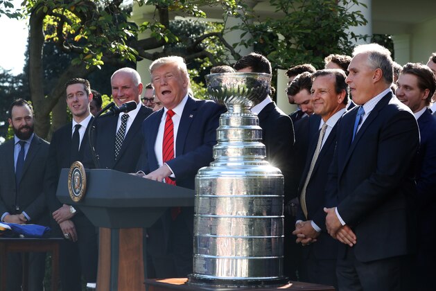 WASHINGTON, DC - OCTOBER 15: U.S. President Donald Trump speaks during an event to honor the 2019 Stanley Cup Champions, St. Louis Blues in the Rose Garden at the White House on October 15, 2019 in Washington, DC.  (Photo by Mark Wilson/Getty Images)