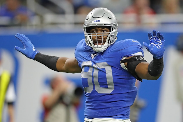 DETROIT, MI - SEPTEMBER 29: Trey Flowers #90 of the Detroit Lions reacts to a third down stop during the game against the Kansas City Chiefs at Ford Field on September 29, 2019 in Detroit, Michigan. Kansas City defeated Detroit 34-30. (Photo by Leon Halip/Getty Images)