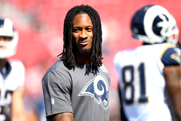 LOS ANGELES, CA - OCTOBER 13: Running back Todd Gurley #30 of the Los Angeles Rams walks on the field before the game against the San Francisco 49ers at Los Angeles Memorial Coliseum on October 13, 2019 in Los Angeles, California. (Photo by Jayne Kamin-Oncea/Getty Images)