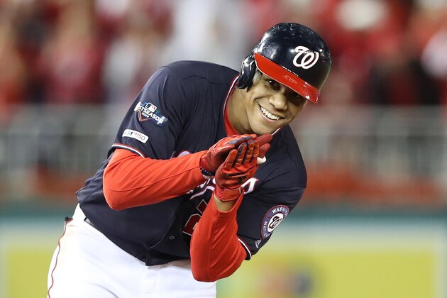 WASHINGTON, DC - OCTOBER 15: Juan Soto #22 of the Washington Nationals celebrates his RBI double in the first inning against the St. Louis Cardinals during game four of the National League Championship Series at Nationals Park on October 15, 2019 in Washington, DC. (Photo by Rob Carr/Getty Images)