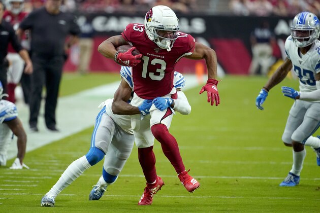 Arizona Cardinals wide receiver Christian Kirk (13) makes a catch as Detroit Lions cornerback Rashaan Melvin defends during the second half of an NFL football game, Sunday, Sept. 8, 2019, in Glendale, Ariz. (AP Photo/Rick Scuteri)