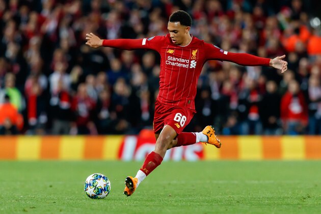 LIVERPOOL, ENGLAND - OCTOBER 02: Trent Alexander-Arnold of FC Liverpool controls the ball during the UEFA Champions League group E match between Liverpool FC and RB Salzburg at Anfield on October 2, 2019 in Liverpool, United Kingdom. (Photo by TF-Images/Getty Images)