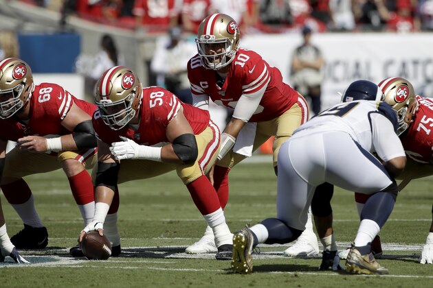 San Francisco 49ers quarterback Jimmy Garoppolo (10) sets up behind center Weston Richburg (58) during the first half of an NFL football game throws against the Los Angeles Rams Sunday, Oct. 13, 2019, in Los Angeles. (AP Photo/Alex Gallardo)