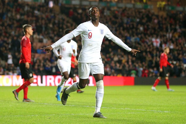 MILTON KEYNES, ENGLAND - OCTOBER 15: Eddie Nketiah of England celebrates after scoring his team's fifth goal during the UEFA Under 21 Championship Qualifier between England and Austria at Stadium mk on October 15, 2019 in Milton Keynes, England. (Photo by James Chance/Getty Images)
