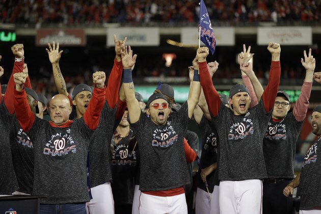 Washington Nationals players celebrate after Game 4 of the baseball National League Championship Series against the St. Louis Cardinals Tuesday, Oct. 15, 2019, in Washington. The Nationals won 7-4 to win the series 4-0. (AP Photo/Jeff Roberson) Washington Nationals players celebrate after Game 4 of the baseball National League Championship Series against the St. Louis Cardinals Tuesday, Oct. 15, 2019, in Washington. The Nationals won 7-4 to win the series 4-0. (AP Photo/Jeff Roberson)