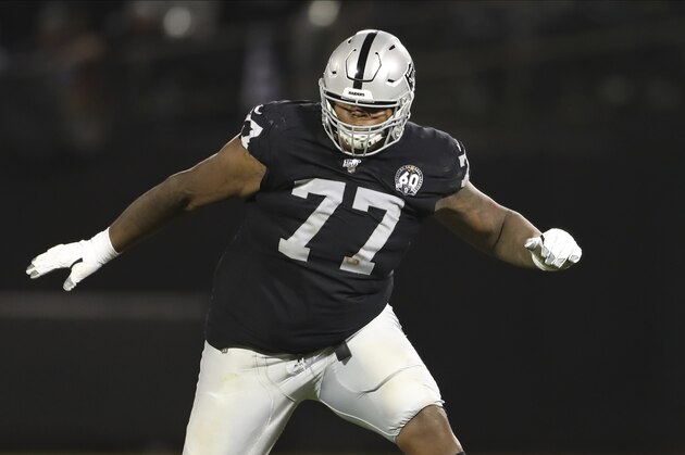 Oakland Raiders offensive tackle Trent Brown (77) protects a gap in the offensive line during an NFL football game, Monday, Sept. 9, 2019, in Oakland, Calif. (AP Photo/Peter Joneleit)