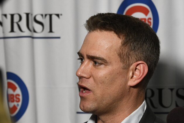 Chicago Cubs' President of Baseball Operations Theo Epstein talks with the media during the team's annual convention Friday, Jan. 18, 2019, in Chicago. (AP Photo/Matt Marton)