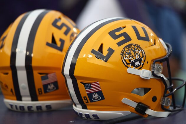 BATON ROUGE, LOUISIANA - OCTOBER 12: LSU helmets are seen on the field prior to the game against the Florida Gators at Tiger Stadium on October 12, 2019 in Baton Rouge, Louisiana. (Photo by Marianna Massey/Getty Images)
