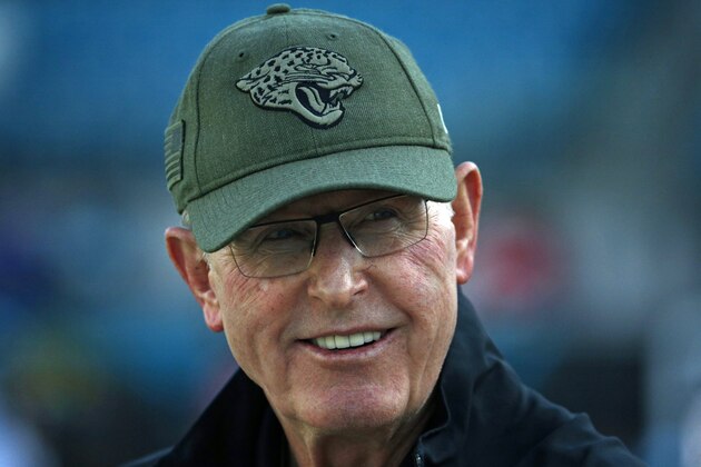 Tom Coughlin, executive vice president of football operations for the Jacksonville Jaguars watches players warm up before an NFL preseason football game against the Atlanta Falcons, Thursday, Aug. 29, 2019, in Jacksonville, Fla. (AP Photo/Stephen B. Morton)