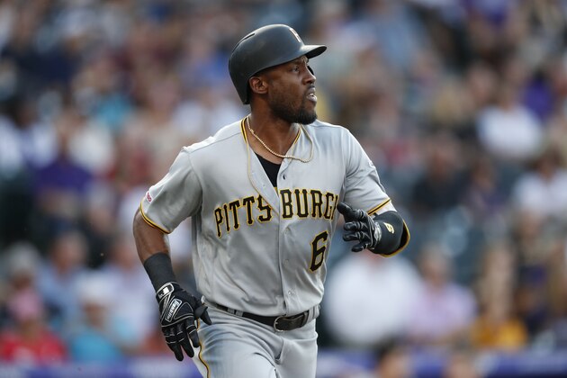 Pittsburgh Pirates center fielder Starling Marte (6) in the first inning of a baseball game Saturday, Aug. 31, 2019, in Denver. (AP Photo/David Zalubowski)