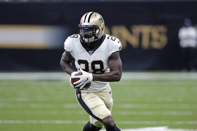 New Orleans Saints running back Latavius Murray (28) carries in the first half of an NFL preseason football game against the Minnesota Vikings in New Orleans, Friday, Aug. 9, 2019. (AP Photo/Bill Feig)