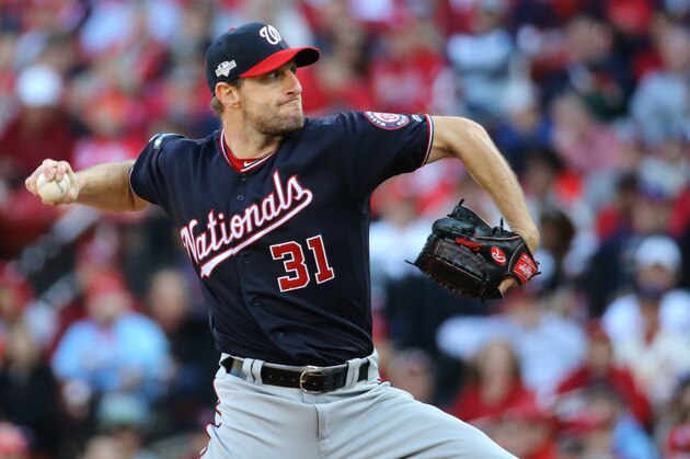 ST LOUIS, MISSOURI - OCTOBER 12: Max Scherzer #31 of the Washington Nationals delivers during the second inning of game two of the National League Championship Series against the St. Louis Cardinals at Busch Stadium on October 12, 2019 in St Louis, Missouri. (Photo by Scott Kane/Getty Images)