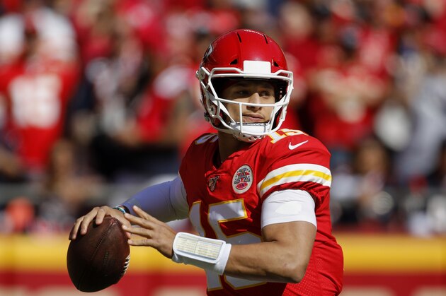 Kansas City Chiefs quarterback Patrick Mahomes (15) looks to throw a pass during the first half of an NFL football game against the Houston Texans in Kansas City, Mo., Sunday, Oct. 13, 2019. (AP Photo/Colin E. Braley)