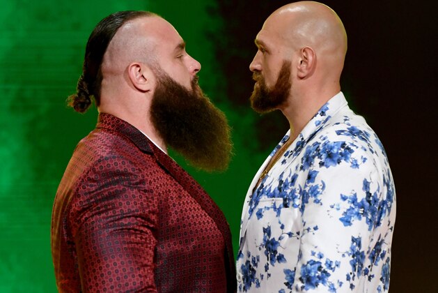 LAS VEGAS, NEVADA - OCTOBER 11:  WWE wrestler Braun Strowman (L) and heavyweight boxer Tyson Fury face off during the announcement of their match at a WWE news conference at T-Mobile Arena on October 11, 2019 in Las Vegas, Nevada. Strowman will face Fury and WWE champion Brock Lesnar will take on former UFC heavyweight champion Cain Velasquez at the WWE's Crown Jewel event at Fahd International Stadium in Riyadh, Saudi Arabia on October 31.  (Photo by Ethan Miller/Getty Images)
